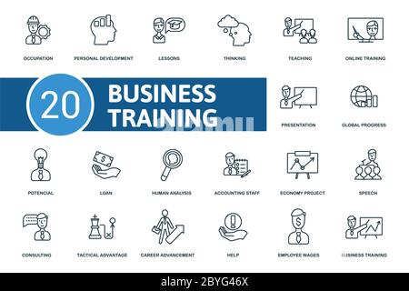 Business Training-Symbol festgelegt. Sammlung enthalten Beruf, Potential, Rede, globaler Fortschritt, Darlehen, Lehre und über Symbole. Business-Training Stock Vektor