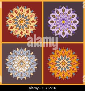 Set aus vier bunten orientalischen Blumen Mandala. Stock Vektor