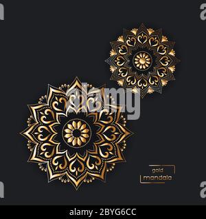 Dekorative Goldkarte mit zwei Blumen orientalischen Mandalas auf schwarz Stock Vektor