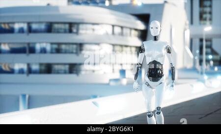 Weibliche Roboter zu Fuß. Futuristische Stadt, Stadt. Menschen und Roboter. 3d-Rendering. Stockfoto