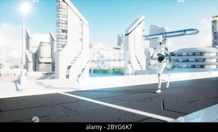 Weibliche Roboter zu Fuß. Futuristische Stadt, Stadt. Menschen und Roboter. 3d-Rendering. Stockfoto