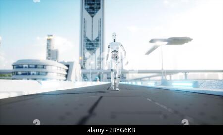 Weibliche Roboter zu Fuß. Futuristische Stadt, Stadt. Menschen und Roboter. 3d-Rendering. Stockfoto
