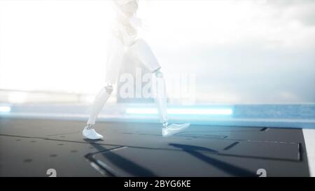 Weibliche Roboter zu Fuß. Futuristische Stadt, Stadt. Menschen und Roboter. 3d-Rendering. Stockfoto