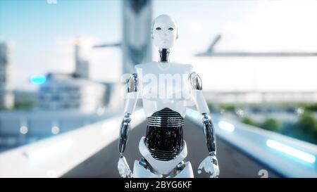 Weibliche Roboter zu Fuß. Futuristische Stadt, Stadt. Menschen und Roboter. 3d-Rendering. Stockfoto