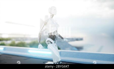 Weibliche Roboter zu Fuß. Futuristische Stadt, Stadt. Menschen und Roboter. 3d-Rendering. Stockfoto