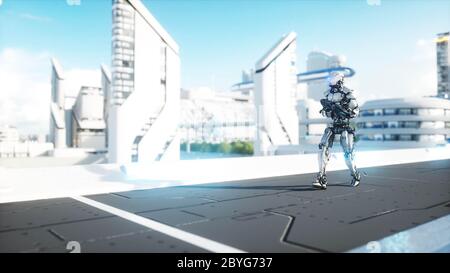 Militärische Roboter mit Pistole zu Fuß. Futuristische Stadt, Stadt. 3d-Rendering. Stockfoto