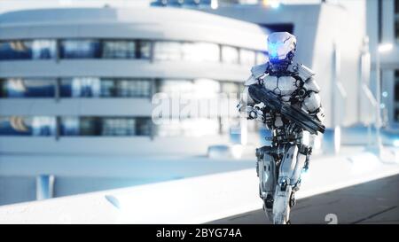 Militärische Roboter mit Pistole zu Fuß. Futuristische Stadt, Stadt. 3d-Rendering. Stockfoto