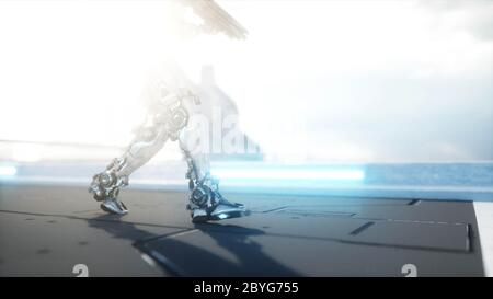 Militärische Roboter mit Pistole zu Fuß. Futuristische Stadt, Stadt. 3d-Rendering. Stockfoto