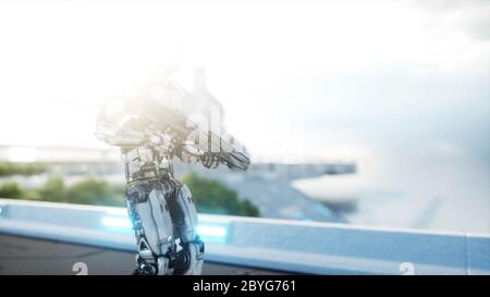 Militärische Roboter mit Pistole zu Fuß. Futuristische Stadt, Stadt. 3d-Rendering. Stockfoto