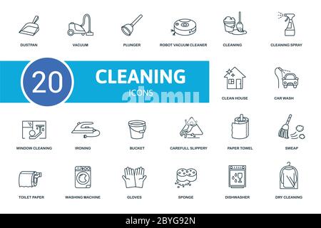 Reinigungssymbol eingestellt. Sammlung enthält Reinigungs-, Vakuum-, Kolben-, Eimer- und Übersymbole. Reinigungselemente eingestellt. Stock Vektor