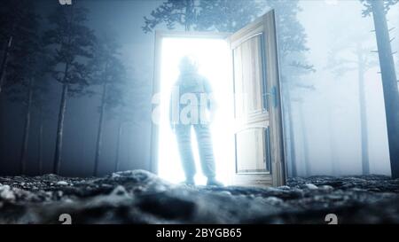 Astronaut im Nebelnachtschauenwald. Lichtportal Tür. Landeplatz. 4K-Animation. 3d-Rendering. Stockfoto