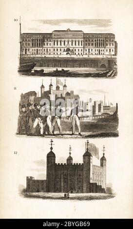 Das Custom House, die Pressestange und der Tower of London. Das neue Custom House wurde 1817 in der Lower Thames Street 10 eröffnet, mit Schwertern bewaffnete Pressegang-Männer drücken einen Zivilisten in die Navy in der Nähe des Tower of London 11 und des White Tower im Tower of London 12. Holzschnitt-Gravur nach einer Illustration von Isaac Taylor aus City Scenes, oder A Peep into London, von Ann Taylor und Jane Taylor, herausgegeben von Harvey and Darton, Gracechurch Street, London, 1828. Die englischen Schwestern Ann und Jane Taylor waren im frühen 19. Jahrhundert fruchtbar romantische Dichter und Schriftsteller von Kinderbüchern. Stockfoto