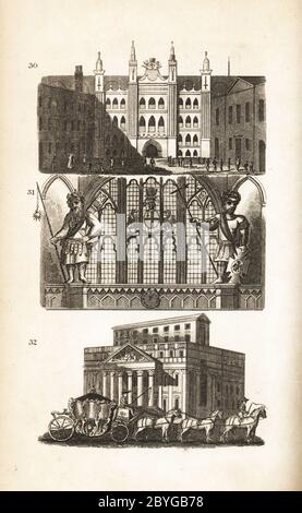 London Guildhall, Gog und Magog und das Herrenhaus. Blick auf die Gildenhalle in Moorgate 30, Statuen des mythologischen Riesen Gogmagog und Corineus 31 und des Oberbürgermeister-Busses, der von sechs Pferden vor dem Oberrichterhaus 32 gezogen wurde. Holzschnitt-Gravur nach einer Illustration von Isaac Taylor aus City Scenes, oder A Peep into London, von Ann Taylor und Jane Taylor, herausgegeben von Harvey and Darton, Gracechurch Street, London, 1828. Die englischen Schwestern Ann und Jane Taylor waren im frühen 19. Jahrhundert fruchtbar romantische Dichter und Schriftsteller von Kinderbüchern. Stockfoto