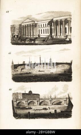 Die Post, Southwark Bridge und Waterloo Bridge. Bühnentrainer vor der Post in St. Martin's le Grand 64, Blick auf die Southwark Bridge, die 1819 von John Rennie 65 erbaut wurde, und die Waterloo Bridge, die 1817 von John Rennie 66 gebaut wurde. Holzschnitt-Gravur nach einer Illustration von Isaac Taylor aus City Scenes, oder A Peep into London, von Ann Taylor und Jane Taylor, herausgegeben von Harvey and Darton, Gracechurch Street, London, 1828. Die englischen Schwestern Ann und Jane Taylor waren im frühen 19. Jahrhundert fruchtbar romantische Dichter und Schriftsteller von Kinderbüchern. Stockfoto