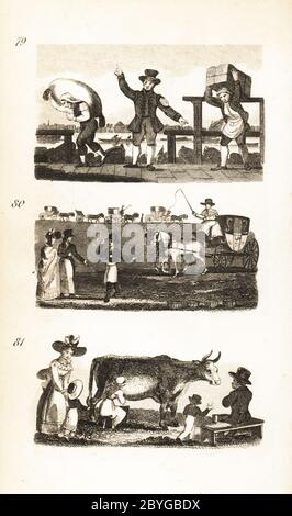 Waterman, Ticket Porter, Fellowship Porter, Coachstand und Neue Milch aus der Kuh. Waterman, Ticket Porter und Fellowship Porter 79, Waterman im Gespräch mit einem Paar, das einen Hackney-Trainer an einem Kutschenstand 80 angerufen hat und Mutter und Kinder, die frische Milch auf einer Milchfarm in Islington 81 bekommen. Holzschnitt-Gravur nach einer Illustration von Isaac Taylor aus City Scenes, oder A Peep into London, von Ann Taylor und Jane Taylor, herausgegeben von Harvey and Darton, Gracechurch Street, London, 1828. Die englischen Schwestern Ann und Jane Taylor waren im frühen 19. Jahrhundert fruchtbar romantische Dichter und Schriftsteller von Kinderbüchern Stockfoto