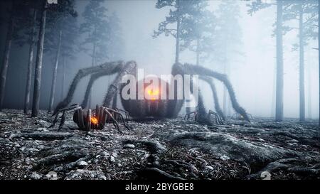 Gruselige Riesenspinne im Nebelnachtschwald. Angst und Schrecken. Mistic und halloween Konzept. 3d-Rendering. Stockfoto