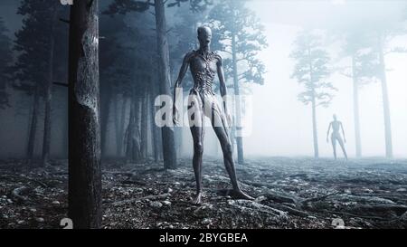 Unheimliches Monster im Nebelnachtschwald. Angst und Schrecken. Mistic und ufo-Konzept. 3d-Rendering. Stockfoto