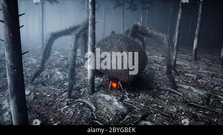 Gruselige Riesenspinne im Nebelnachtschwald. Angst und Schrecken. Mistic und halloween Konzept. 3d-Rendering. Stockfoto