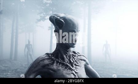 Unheimliches Monster im Nebelnachtschwald. Angst und Schrecken. Mistic und ufo-Konzept. 3d-Rendering. Stockfoto