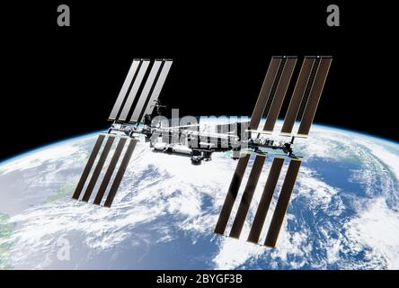 Internationale Raumstation (ISS) im Weltraum - SpaceX & NASA Research - 3D Modell von NASA - 3D Rendering Stockfoto