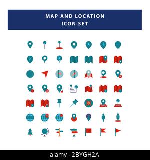 Satz von Karten- und Navigationssymbole mit flachem Design-Vektor Stock Vektor
