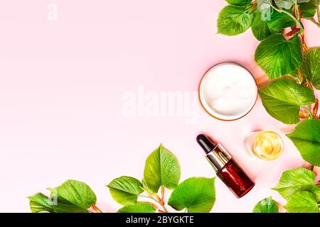 Hautpflegeprodukte, natürliche Kosmetik. Flaches Lay-Bild auf rosa Hintergrund. Natürliche kosmetische Hautpflege Flasche, Serum und Bio-grünes Blatt. Hausgemachte und Beauty-Produkt-Konzept. Stockfoto