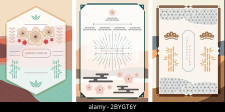 Japanischer Hintergrund und Vorlage Vektor. Asiatische traditionelle Ikonen. Kirschblütenblume, Bonsai, Bambus, Wolke und geometrische Elemente im Vintage-Stil Stock Vektor