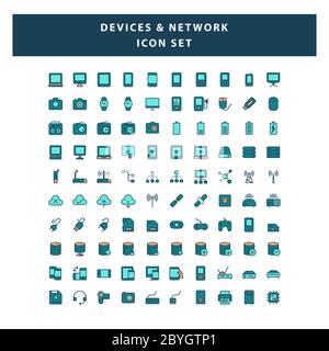 Satz von Geräten und Netzwerk-Symbol mit ausgefüllten Kontur Stil Design-Vektor Stock Vektor