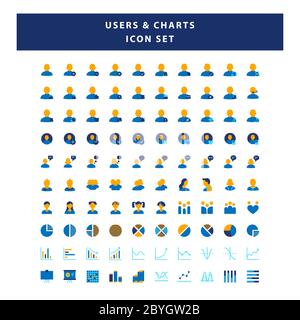 Satz von Benutzern und Diagramme Symbol mit flachem Stil Design Vektor Stock Vektor