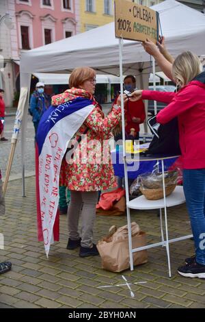 Protest von Millionen Momenten für die NGO Demokratie gegen Regierungsmaßnahmen nicht nur während der Coronavirus-Epidemie beginnt in Ceske Budejovice, Tschechische Republik, Stockfoto