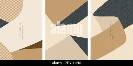 Abstrakter Hintergrund mit japanischem Mustervektor. Geometrische Vorlage in Gold und Blau im Vintage-Stil. Stock Vektor
