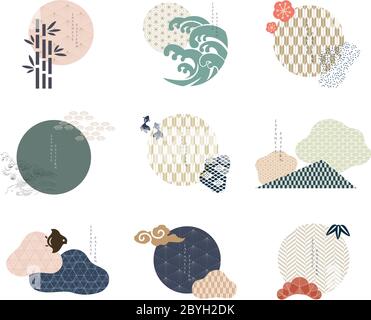 Satz von geometrischen modernen grafischen Elementen Vektor. Asiatische Symbole mit japanischem Muster. Abstrakte Banner mit fließenden flüssigen Formen. Vorlage für Logo des Stock Vektor