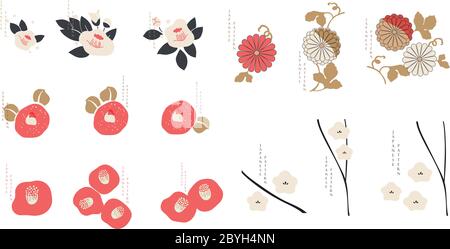 Florale Ikone im asiatischen Stil. Camilla und Pfingstrose Blume Logo mit japanischen Muster Vektor. Set von natürlichen Elementen. Stock Vektor