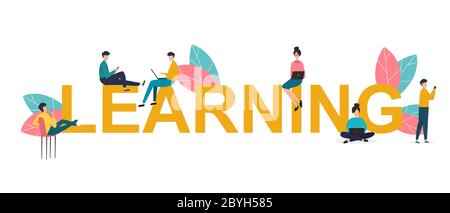 Word LEARNING und Menschen mit Gadgets online auf weißem Hintergrund zu studieren. Vektorgrafik im flachen Stil Stock Vektor
