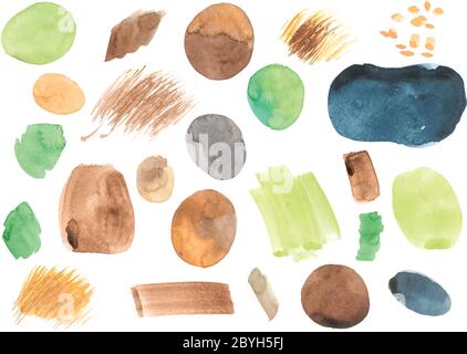 Abstrakter Hintergrundvektor für Kunst. Aquarellfarben Verfärbungen Illustration von Pinselstrichen. Sammlung von handbemalten Kunst Acryl Blobs, Streifen, Aufkleber, Blots Stock Vektor