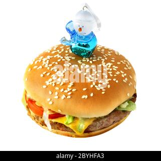 Hamburger mit Schneemann Stockfoto