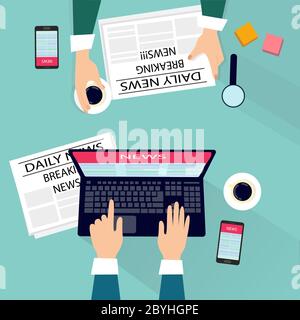 Lesen Sie Nachrichten auf Laptop oder in der Zeitung, aktuelle Nachrichten Stock Vektor