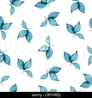 Nahtloses Aquarell-Blumenmuster mit blauen Blättern und Ästen auf weißem Hintergrund, perfekt für Wrapper, Stoff, Tapeten, Postkarten, Gruß ca. Stockfoto