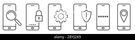Telefonsymbole. Satz linearer Telefonsymbole. Schwarze Telefone isoliert. Vektor-Illustration von Smartphones auf weißem Hintergrund. Stock Vektor