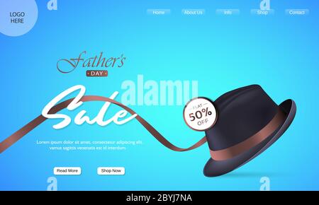 Vatertag Verkauf Landschaft Vektor Hintergrund für Website Startseite, Web-Seite Banner Wallpaper mit Illustration von Mann Hüte und Ribbon auf Blau Cyan Co Stock Vektor