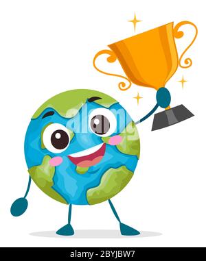 Illustration eines Earth Mascot mit einer großen goldenen Trophäe Stockfoto