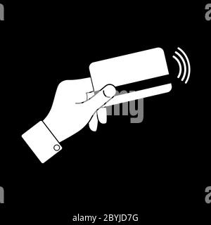 Kontaktloses Kartenzahlungssystem. POS, NSF-Technologie, bargeldlose Zahlung, Kartenzahlung, Symbole in Weiß auf isoliertem schwarzem Hintergrund. Vektor EPS 10. Stock Vektor