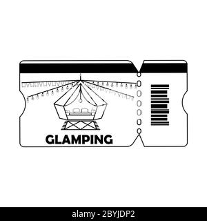 Glamping oder Camping Ticket mit Zelt-Ikone und Glühbirne in schwarzen Farben, isoliert weißem Hintergrund. Komfort, WLAN. Vektor EPS 10. Stock Vektor