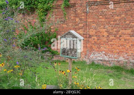 Das Insect Hotel ist von wunderschön riechenden Blumen umgeben und dahinter eine Ziegelmauer Stockfoto
