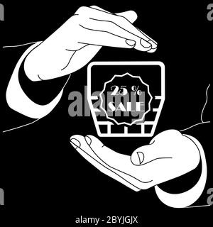 Hände, die einen Korb mit einem Rabatt oder 25 Prozent Rabatt Icon Logo flach in weißer Farbe auf isoliertem schwarzem Hintergrund. Vektor EPS 10. Stock Vektor