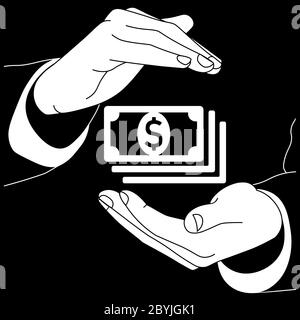 Hände halten Geld, Banknote oder Dollar-Rechnung Symbol flaches Logo in weiß auf isoliertem schwarzen Hintergrund. Vektor EPS 10. Stock Vektor