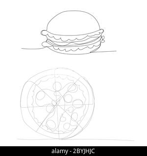 vektor, weißer Hintergrund, kontinuierliche Linie Zeichnung Pizza und Hamburger Stock Vektor