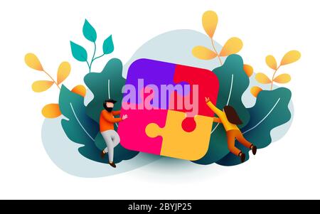 Geschäftskonzept. Team Metapher. Menschen verbinden Puzzle-Elemente. Flaches Design. Symbol für Teamwork, Zusammenarbeit, Partnerschaft. Stock Vektor