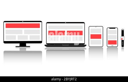 Neues Gerätesymbol in schwarz: Smartphone, Laptop, Computermonitor, Tablet und Smart Watch auf isoliertem weißem Hintergrund. Vektor EPS 10 Stock Vektor