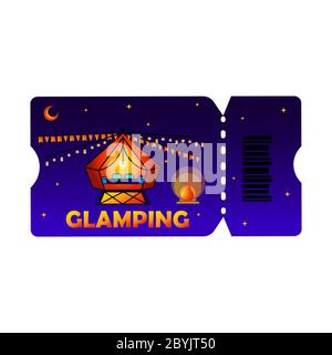 Glamping oder Camping Ticket mit Zelt-Ikone und Glühbirne in farbigen Farben, isoliert Phantom blau Hintergrund. Komfort, WLAN. Vektor EPS 10. Stock Vektor